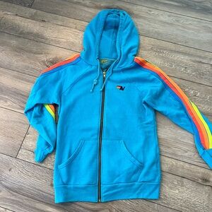 Aviator Nation Blue Zip-Up Hoodie with Rainbow Stripes